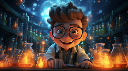National Science Day 3D cartoon of an experimenter in a science laboratory 28th February Generative AIの素材