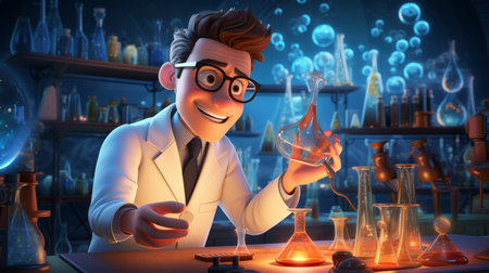 National Science Day 3D cartoon of an experimenter in a science laboratory 28th February Generative AIの素材