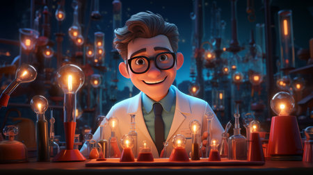 National Science Day 3D cartoon of an experimenter in a science laboratory 28th February Generative AIの素材