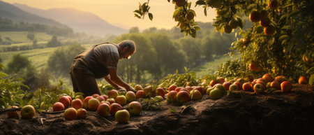 A male worker is tending the apple harvest. that were created by realistic Generative AIの素材