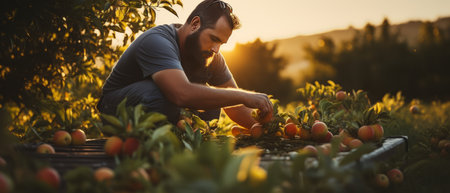 A male worker is tending the apple harvest. that were created by realistic Generative AIの素材