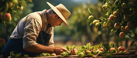 A male worker is tending the apple harvest. that were created by realistic Generative AIの素材