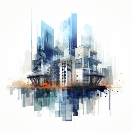 Future building construction engineering project devotion with double exposure graphic design created by realistic Generative AIの素材