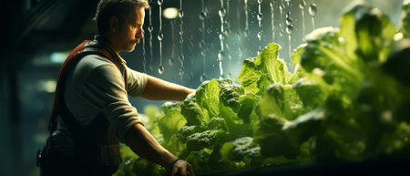 male employee is taking care of harvesting vegetables grown using a hydroponic system. that were created by realistic Generative AIの素材