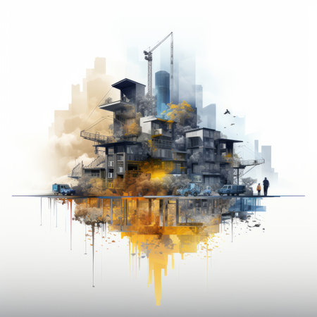 Future building construction engineering project devotion with double exposure graphic design created by realistic Generative AIの素材