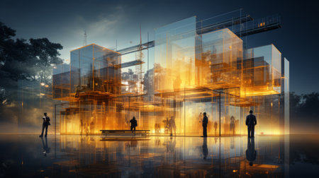 Future building construction engineering project devotion with double exposure graphic design created by realistic Generative AIの素材