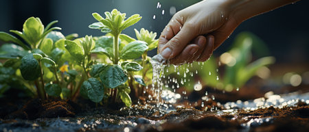 Taking care of watering vegetables with a sprinkler that were created by realistic Generative AIの素材