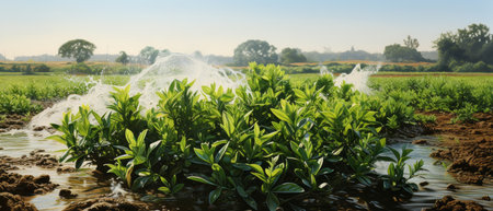 Taking care of watering vegetables with a sprinkler that were created by realistic Generative AIの素材