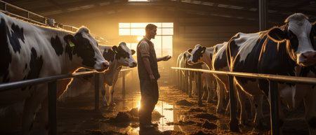 The farm owner is taking care of the dairy cows. that were created by realistic Generative AIの素材