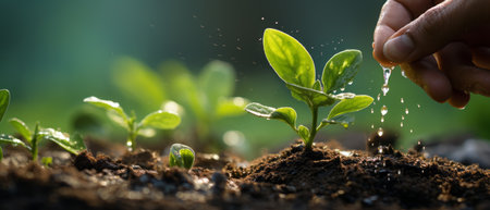 Taking care of watering vegetables with a sprinkler that were created by realistic Generative AIの素材