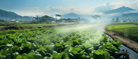 Taking care of watering vegetables with a sprinkler that were created by realistic Generative AIの素材