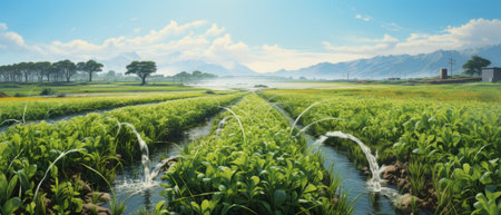 Taking care of watering vegetables with a sprinkler that were created by realistic Generative AIの素材