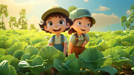 Cartoon characters are growing vegetables for farming in 3D style created by Generative AIの素材