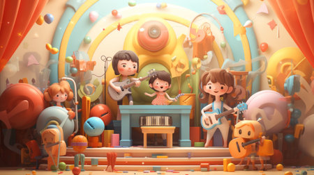 Cartoon characters singing and playing music on a 3D stage set created by Generative AIの素材