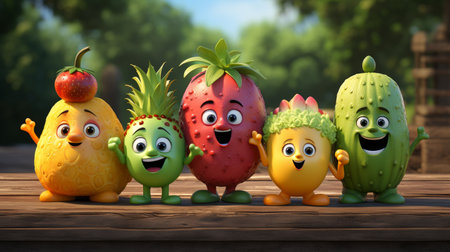 Funny fruit characters in the park. 3d rendering, 3d illustration.の素材