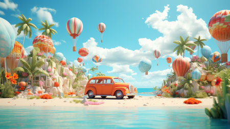 3D render of a vintage car on the beach with colorful balloonsの素材