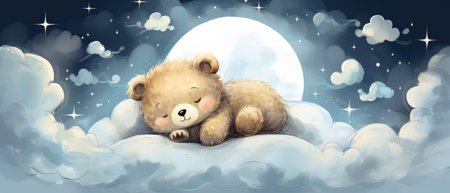 Cartoon bear sleeping on a crescent moon Watercolor rendered realistic Generative AIの素材