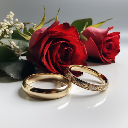 Red rose and two golden wedding rings on white surface rendered realistic Generative AI (の素材