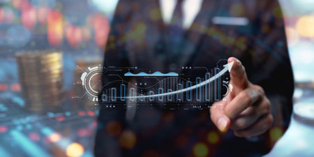 Analyst uses dashboard for data business analysis, Data Management System with KPI and metrics connected to the database for technology finance, operations, marketing online, salesの写真素材