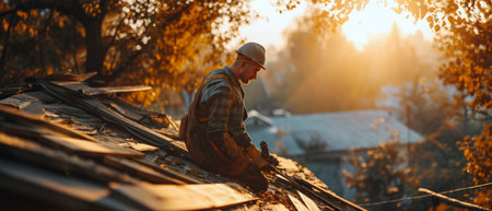 Carpenter building a house, repairing it on the roof, Generative AIの素材