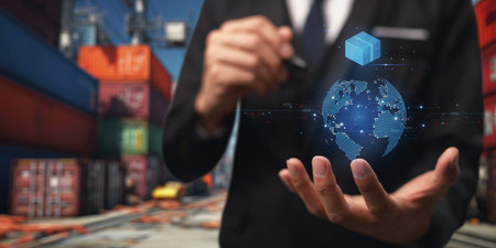 Businessman is importing and exporting goods from warehouse.