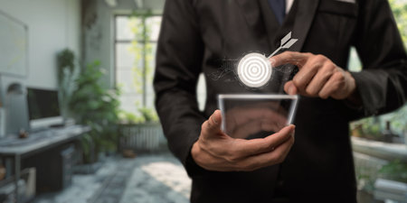 Goals for business concept. Strategy and goals achievement. Goals, target icon on smart background. Business planning, common goals, business vision, planning and strategiesの写真素材