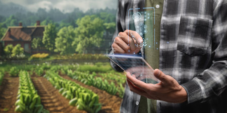 agriculture and modern technology Farmer using smart farming technologies using AIの写真素材