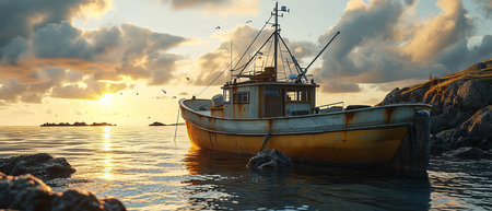 Fishing boats along the coast in the sea Generative AIの素材