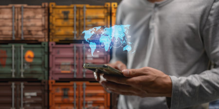 Business logistic import export and transport industry Transportation and logistic network distribution growth. Container cargo ship and trucks of industrial cargo freight for shipping.の写真素材