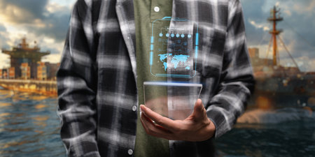 Business logistic import export and transport industry Transportation and logistic network distribution growth. Container cargo ship and trucks of industrial cargo freight for shipping.の写真素材