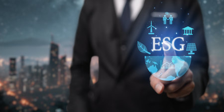 Business owner thinking about sustainable development of the organization ESG, Environment, Social, and Governance, green energy sustainable industry Environmentalの写真素材