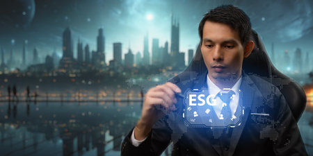 Business owner thinking about sustainable development of the organization ESG, Environment, Social, and Governance, green energy sustainable industry Environmentalの写真素材