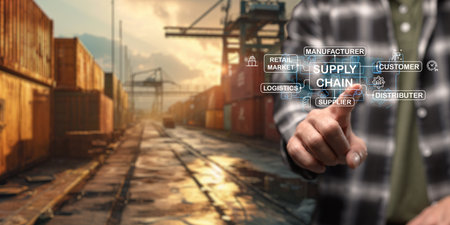 Business logistic import export and transport industry Transportation and logistic network distribution growth. Container cargo ship and trucks of industrial cargo freight for shipping.の写真素材