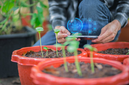 agriculture and modern technology Farmer using smart farming technologies using AI Check the growth...