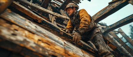 Carpenter building a house, repairing it on the roof, Generative AIの素材