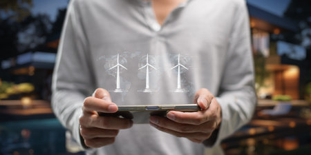 hologram screen Humans controlling the system Wind turbines produce electricity. Eco queue, clean...