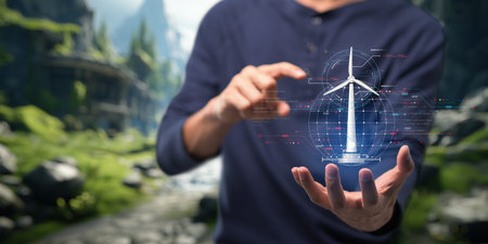 hologram screen Humans controlling the system Wind turbines produce electricity. Eco queue, clean...
