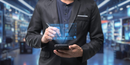 Businessman opening a shop Products are online and people are buying products online. Holographic...
