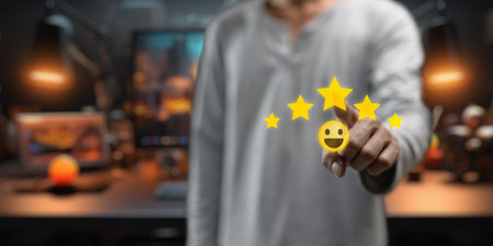 Concept satisfaction ,good feedback rating, customer review, happy smile relax face , think positive, assessment, , world mental health day, Calm mood, good mental health, good moodの写真素材