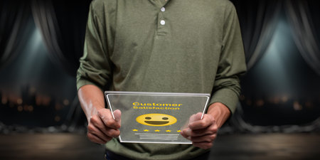 Concept satisfaction ,good feedback rating, customer review, happy smile relax face , think...