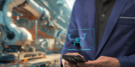 Control the work with an infographic screen. Precision engineering A robotic arm at work in a fully...