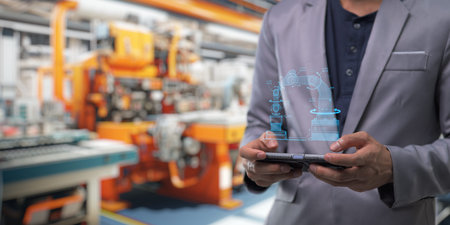 Control the work with an infographic screen. Precision engineering A robotic arm at work in a fully...