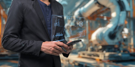 Control the work with an infographic screen. Precision engineering A robotic arm at work in a fully automated facility. Control the work of the robotic arm with an infographic screen.の写真素材