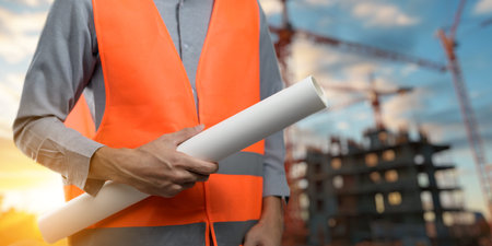 Engineer holding construction blueprint template for building, house, checking accuracy.