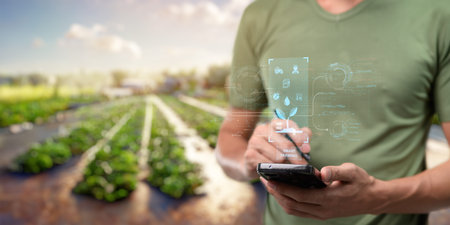 UI hologram agriculture and modern technology Farmer using smart farming technologies using AIの写真素材