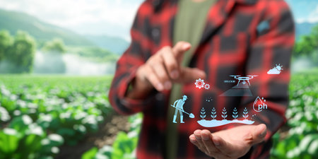 UI hologram agriculture and modern technology Farmer using smart farming technologies using AI