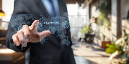 Hologram Ui shows about learning, studying, gaining knowledge, increasing skills in the online...