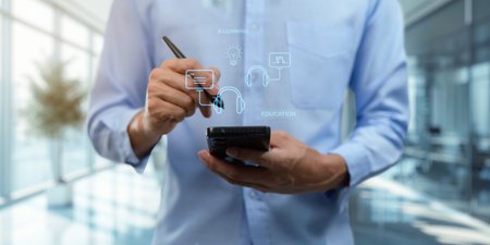 Hologram Ui shows about learning, studying, gaining knowledge, increasing skills in the online...