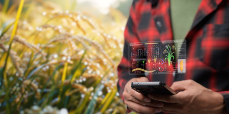 Smart Farm UI hologram system control, maintenance, displaying growth information Nutrients, fertilizers, water, insect pests of trees, plants, and vegetables, use technology in agriculture.の写真素材