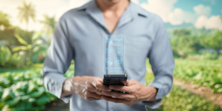 Smart Farm UI hologram system control, maintenance, displaying growth information Nutrients, fertilizers, water, insect pests of trees, plants, and vegetables, use technology in agriculture.の写真素材